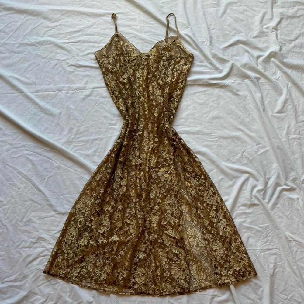 victoria’s secret rare vintage gold floral lace maxi slip dress